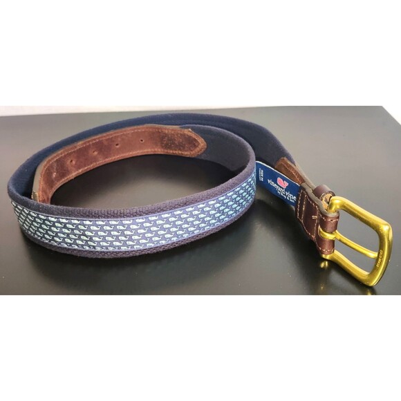 Vineyard Vines Whale Canvas and Leather Tipped Golf belt Size 36 Pre Owned - Picture 14 of 14